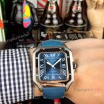 Copy Cartier Santos de Blue Leather Band Automatic Watches 